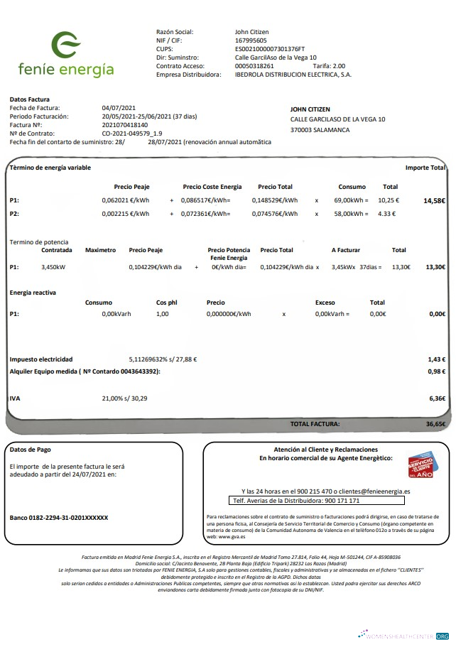 download download Spain Feníe Energía utility bill template in Word and PDF format PDF template PDF template
